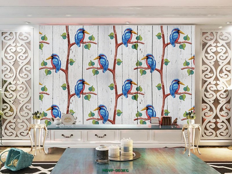 Tranh vẹt đậu trên cành cây trên nền gỗ MDVP-003KG